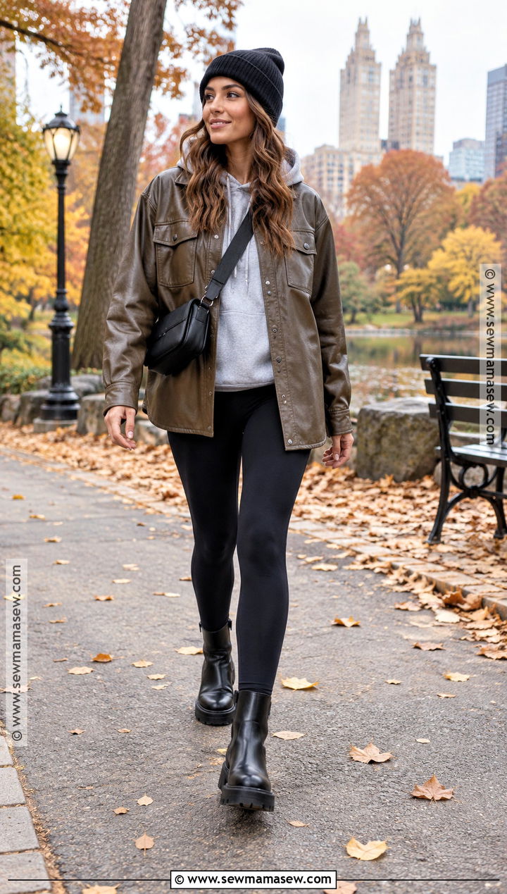 Leather Shacket With Leggings And Chunky Boots - 15 Fall Fashion Leather Outfit Ideas