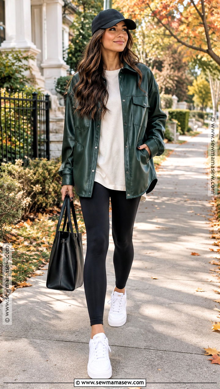 Leather Shacket With Leggings And Sneakers - 20 leather fall outfit ideas