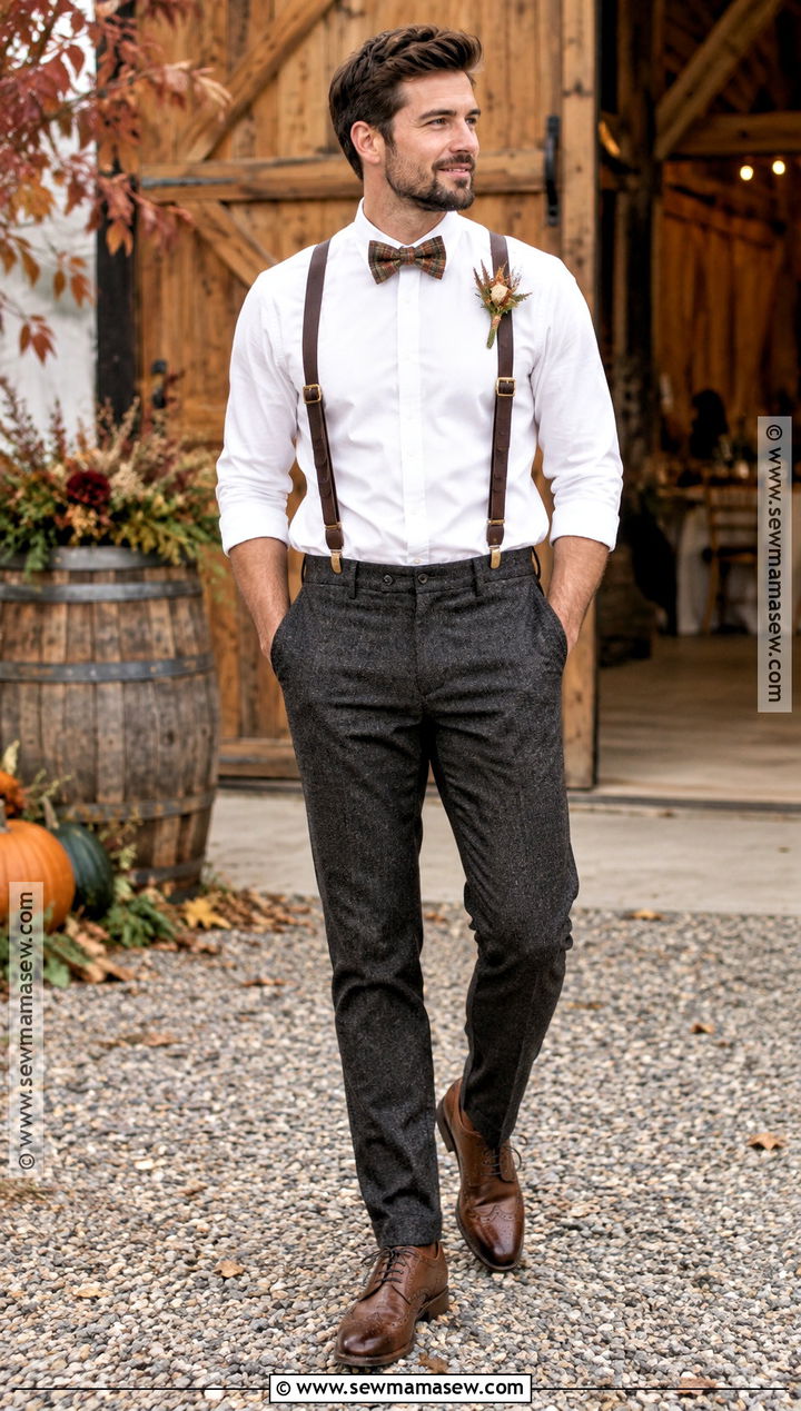 Leather Suspenders And Plaid Bow Tie Outfit - 15 Fall Wedding Suspenders Bow Ties Ideas