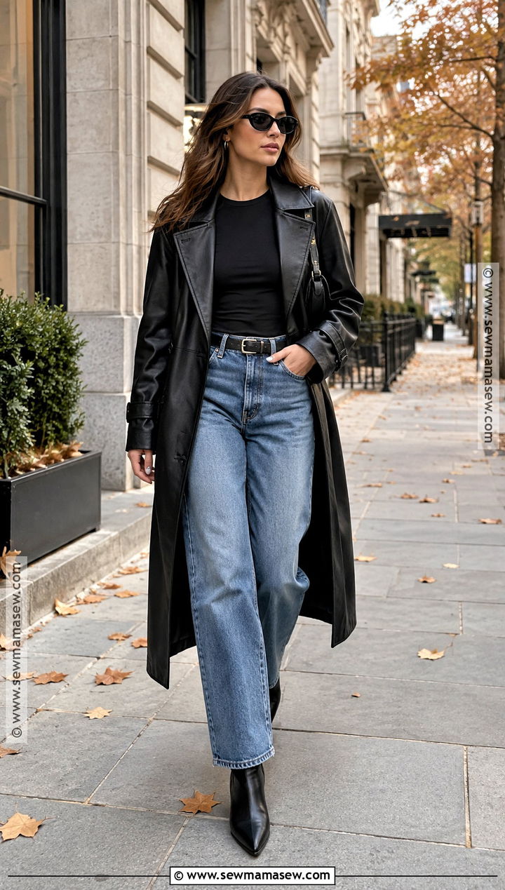 Leather Trench And Loose Jeans Outfit - 20 hailey bieber fall outfits