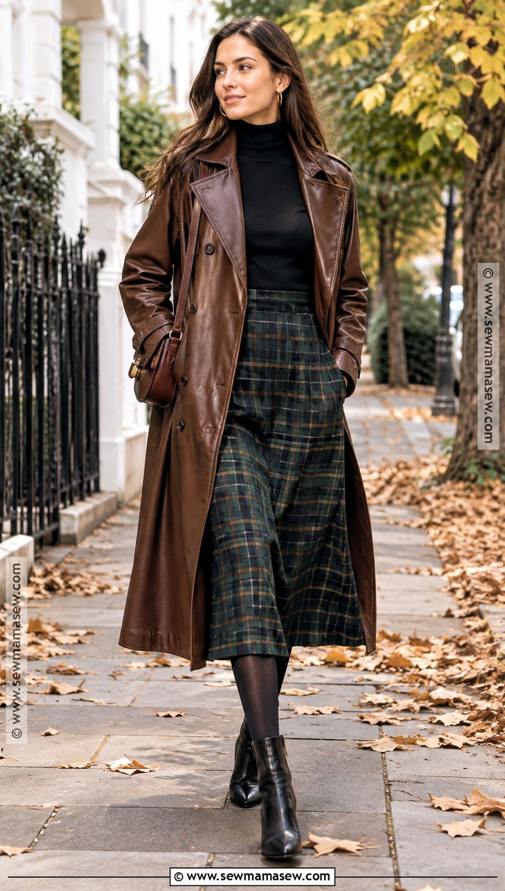 Leather Trench And Plaid Skirt Autumn Outfit - 25 autumn aesthetic outfit vintage ideas