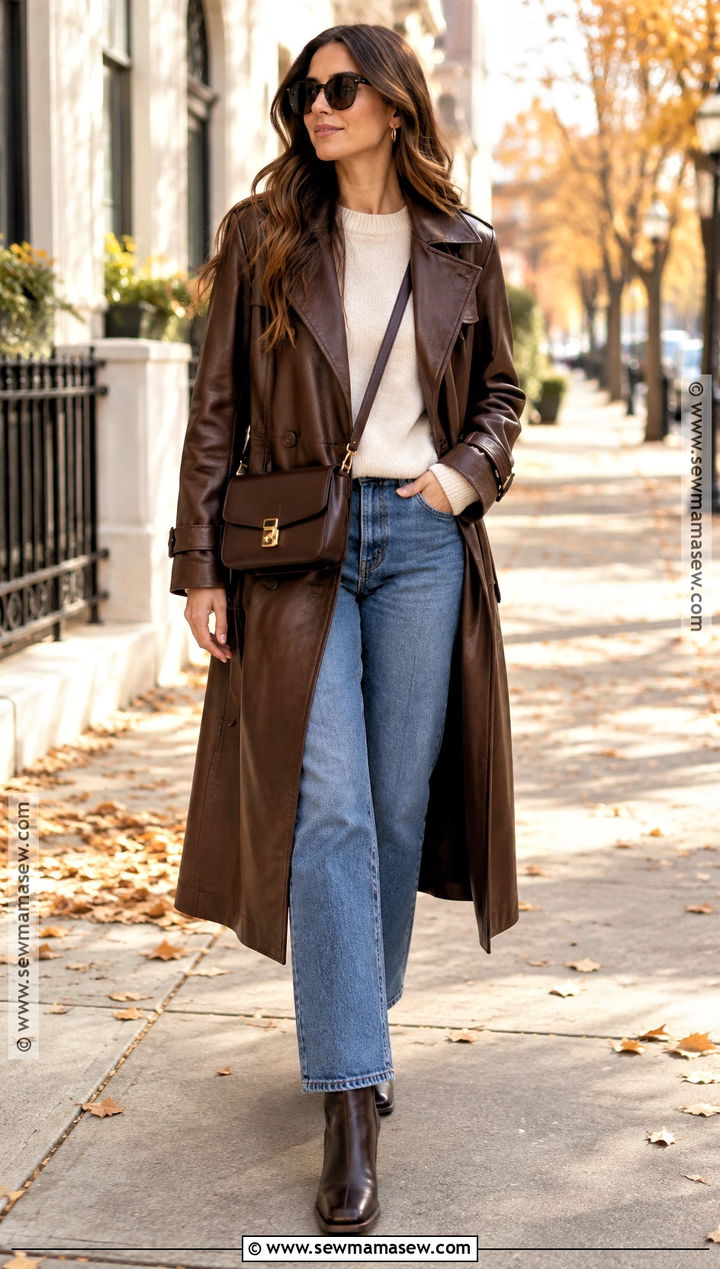 Leather Trench Coat And Straight Leg Jeans Fall Outfit - 15 fall style ideas 2026