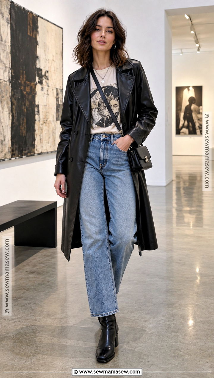 Leather Trench Coat With Graphic Tee And Jeans - 15 casual fall trench coat ideas