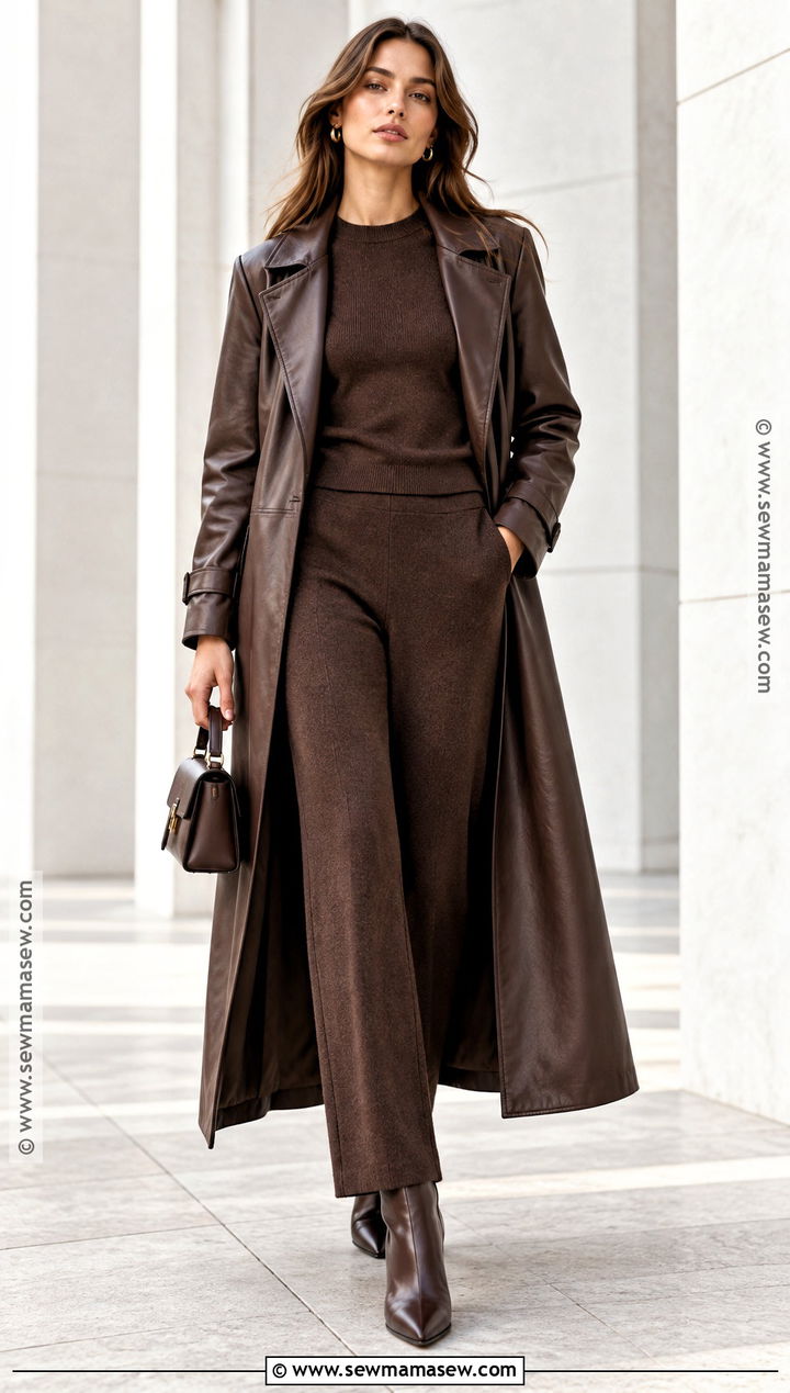 Leather Trench Coat With Monochrome Knit Separates - 15 autumn fashion outfit with trench coat ideas