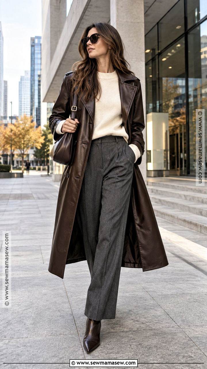 Leather Trench Coat With Sweater And Trousers - 20 Coat Fall Outfit Ideas