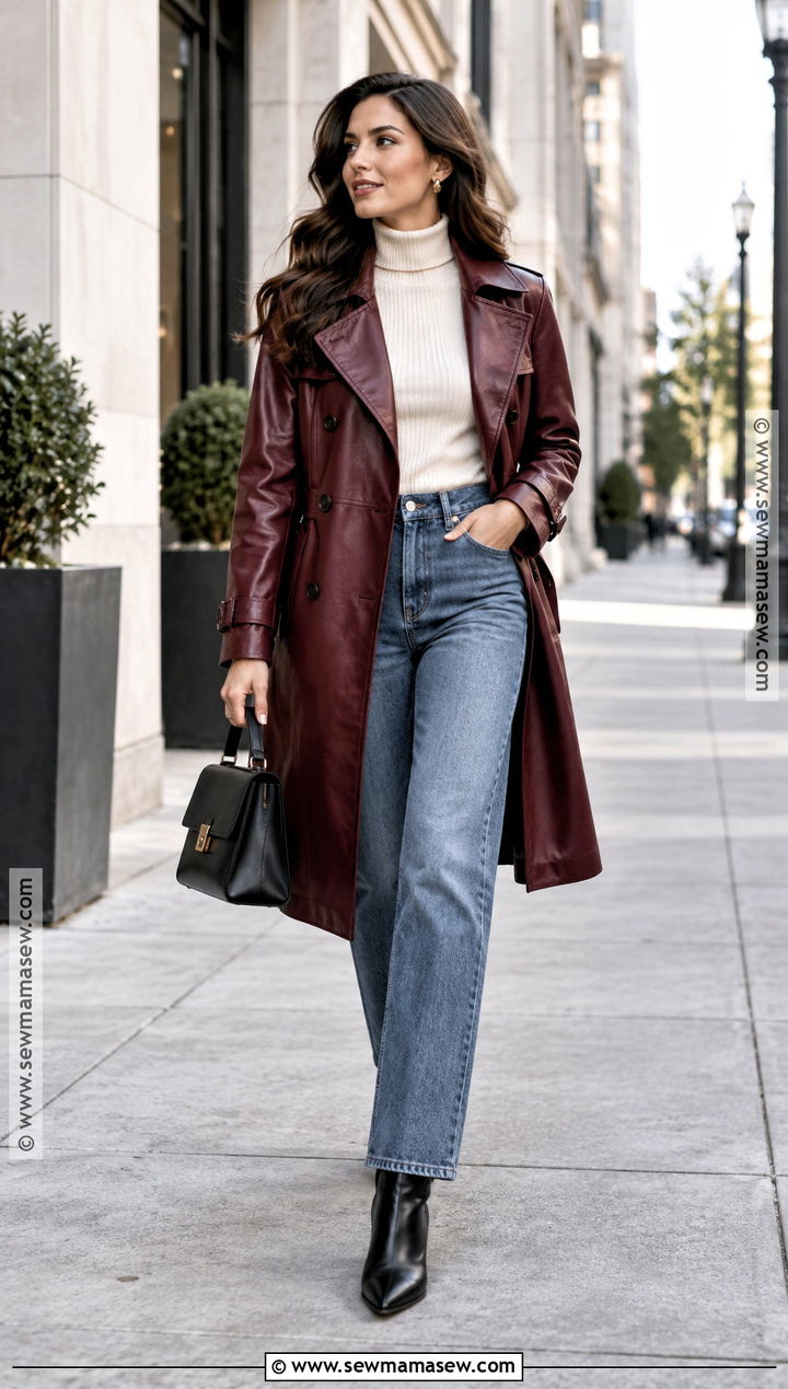 Leather Trench Coat With Turtleneck And Jeans - 15 fall style inspo ideas 2026