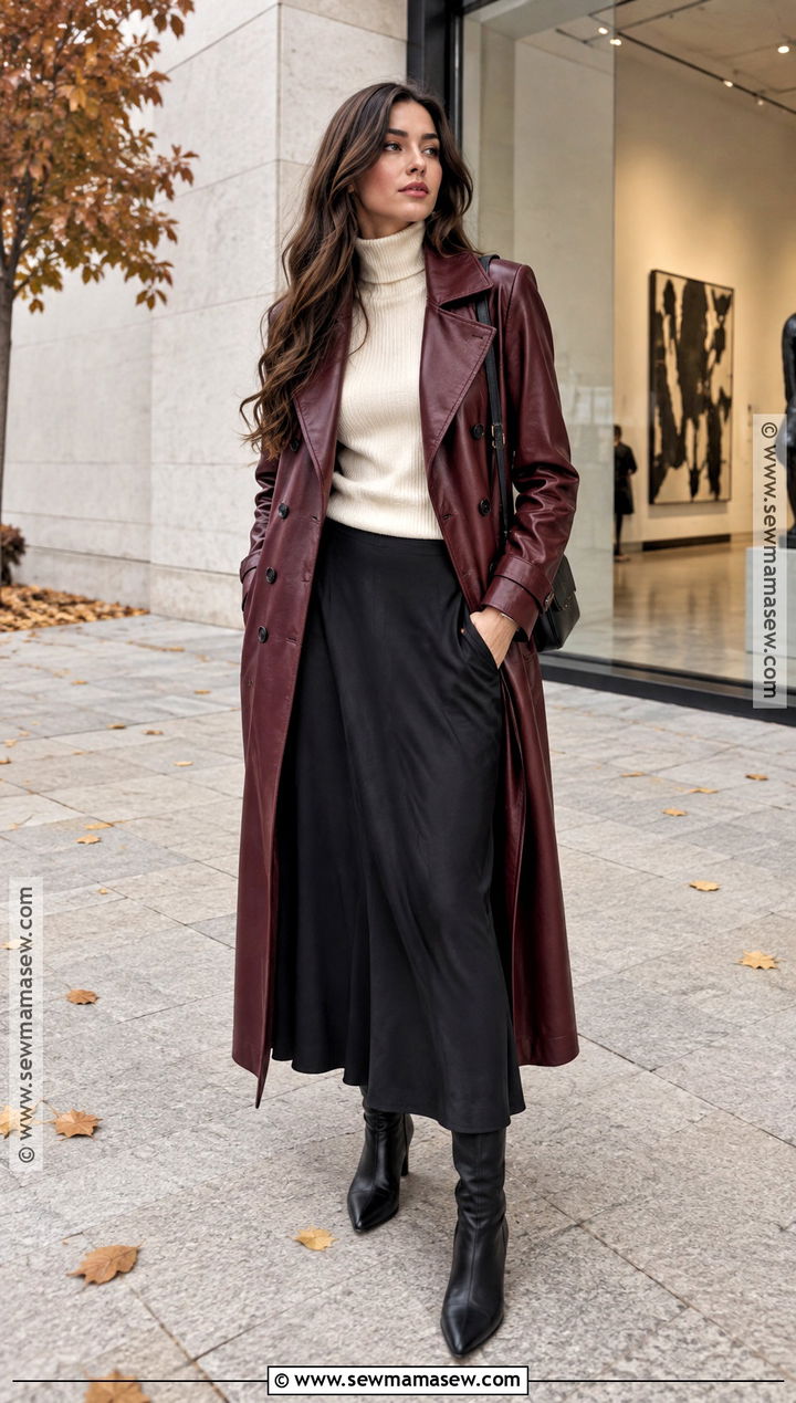 Leather Trench Coat With Turtleneck And Midi Skirt - 15 autumn trench coat ideas for women