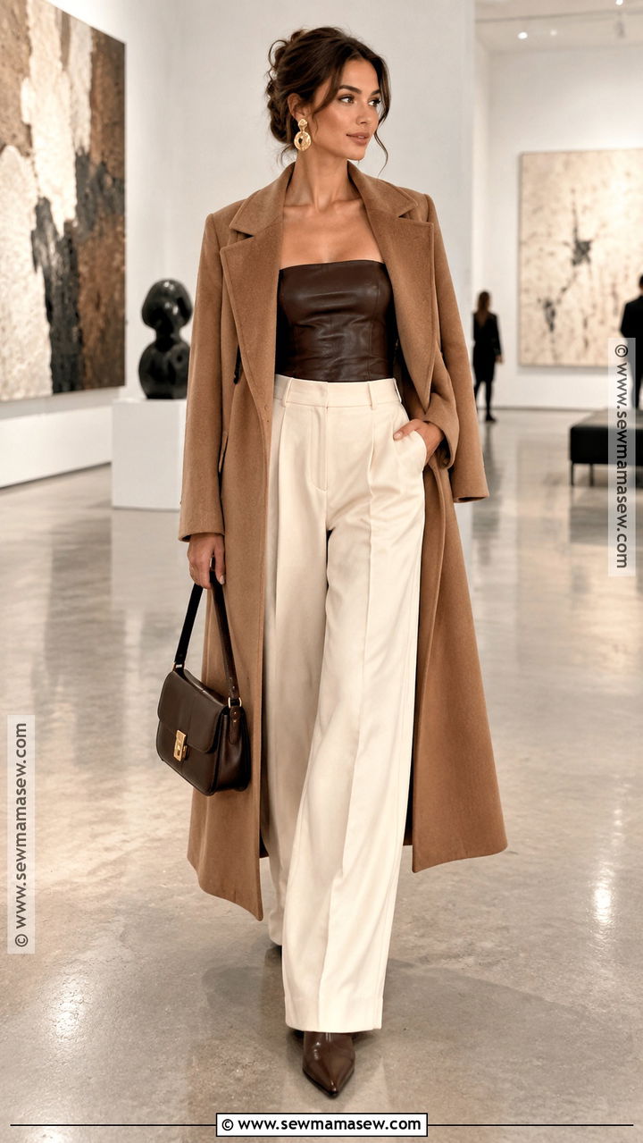 Leather Tube Top With Wide Leg Trousers And Coat - 20 Tube Top Fall Outfit Ideas