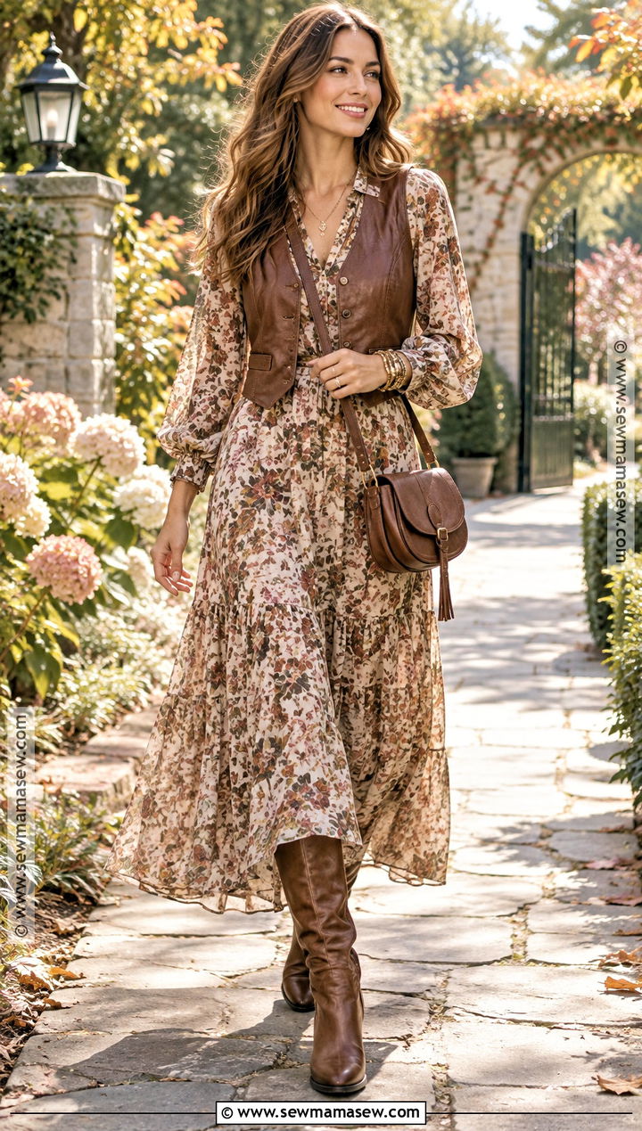Leather Vest And Floral Dress Fall Boho Outfit - 25 fall boho outfits