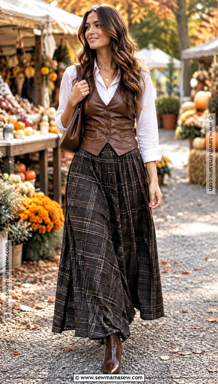 Leather Vest With Button Down Shirt And Maxi Skirt - 15 Fall Fashion Leather Outfit Ideas