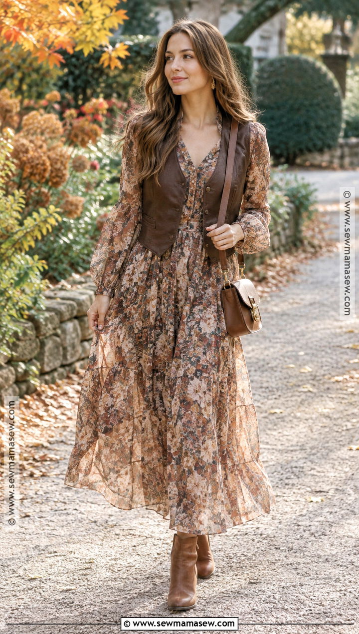 Leather Vest With Maxi Dress - 15 Leather Vest Fall Outfit Ideas