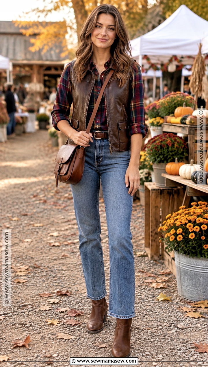 Leather Vest With Plaid Shirt And Jeans - 15 Leather Vest Fall Outfit Ideas