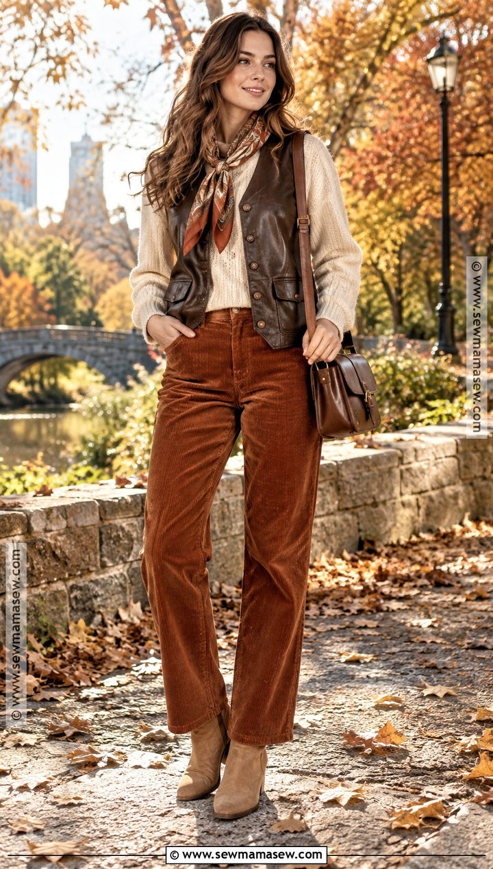 Leather Vest With Sweater And Corduroy Pants - 15 Leather Vest Fall Outfit Ideas