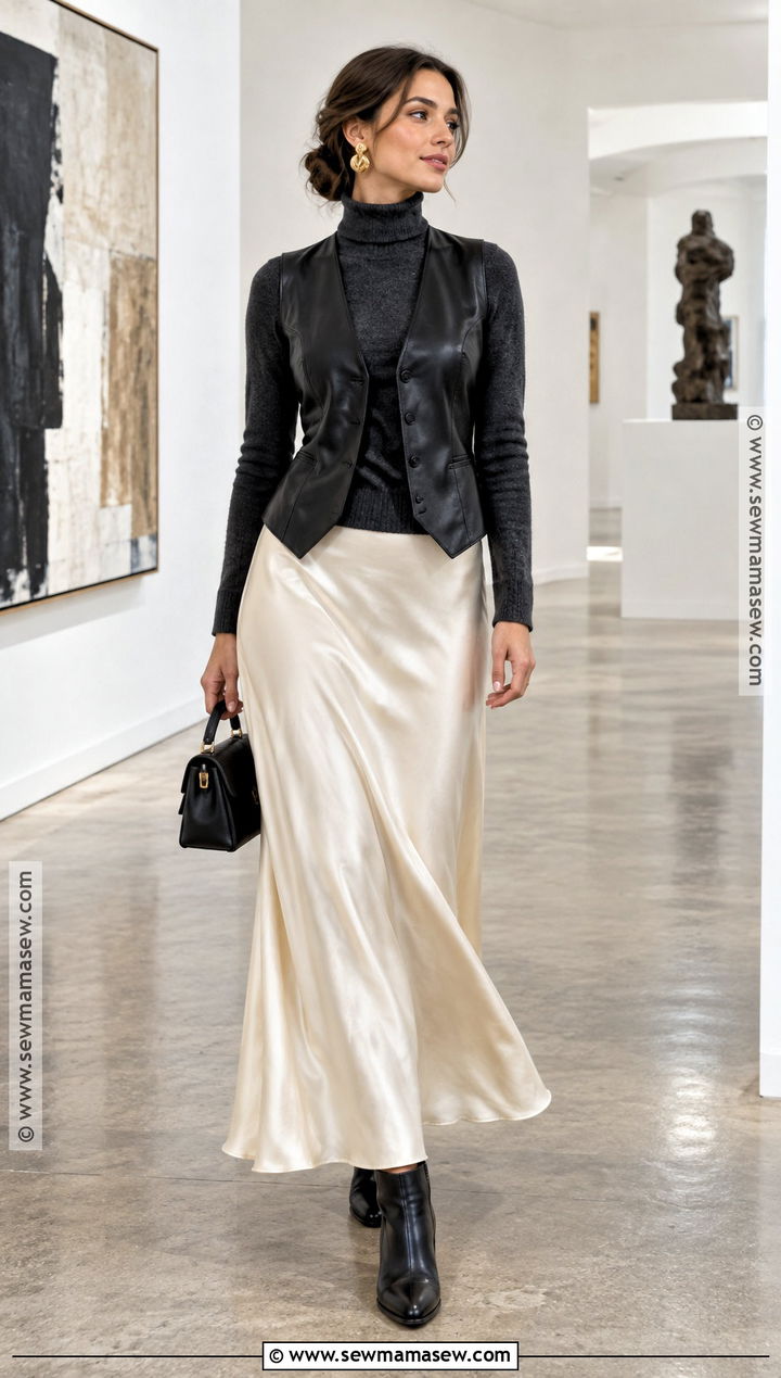 Leather Vest With Turtleneck And Maxi Skirt - 20 Fall Outfit With Vest Ideas