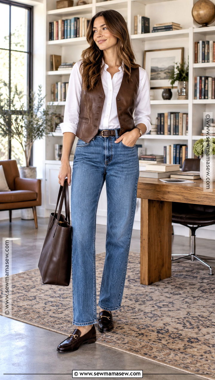 Leather Vest With White Shirt And Jeans - 20 leather fall outfit ideas