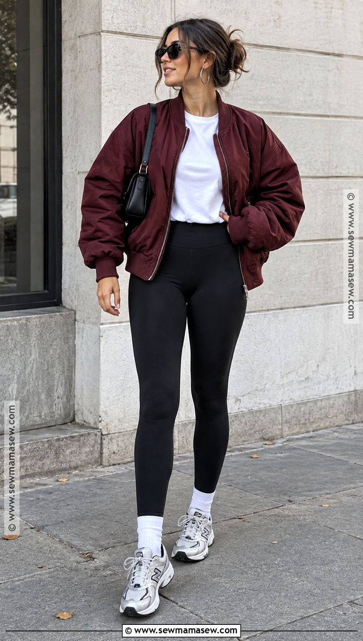 Leggings And Bomber Jacket With Sneakers Fall Outfit - 15 leggings and sneakers outfit fall
