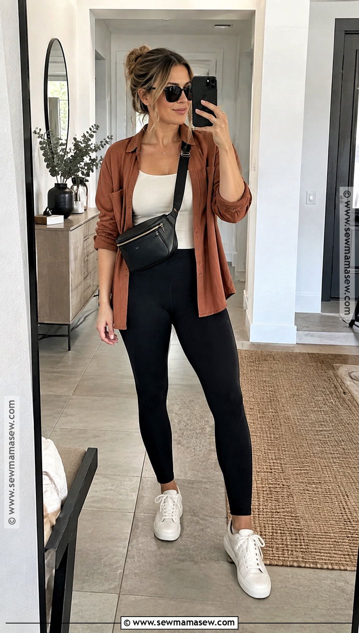Leggings And Linen Shirt Autumn Outfit - 20 Autumn Outfits Hot Weather