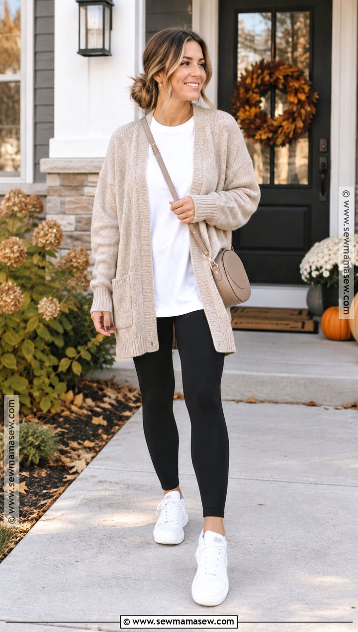 Leggings And Oversized Cardigan Fall Mom Outfit - 15 fall mom fashion ideas 2026