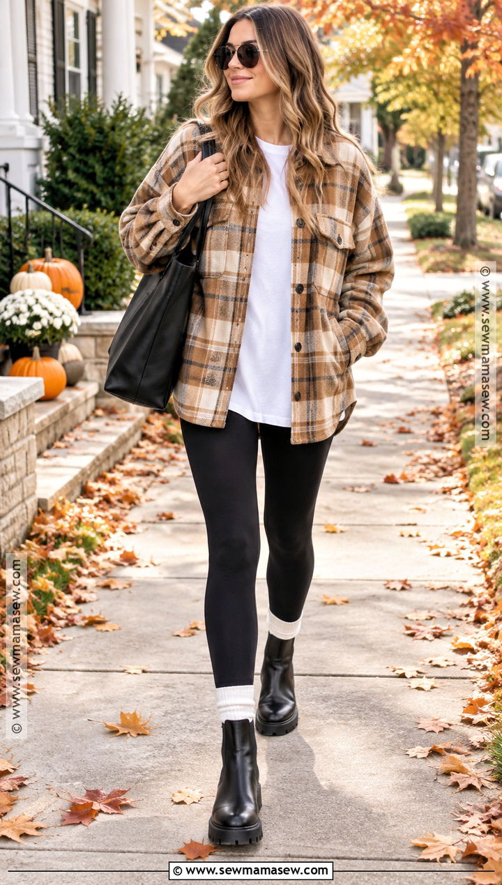 Leggings And Oversized Shacket With Leather Ankle Boots - 15 Leather Ankle Boots Fall Fashion