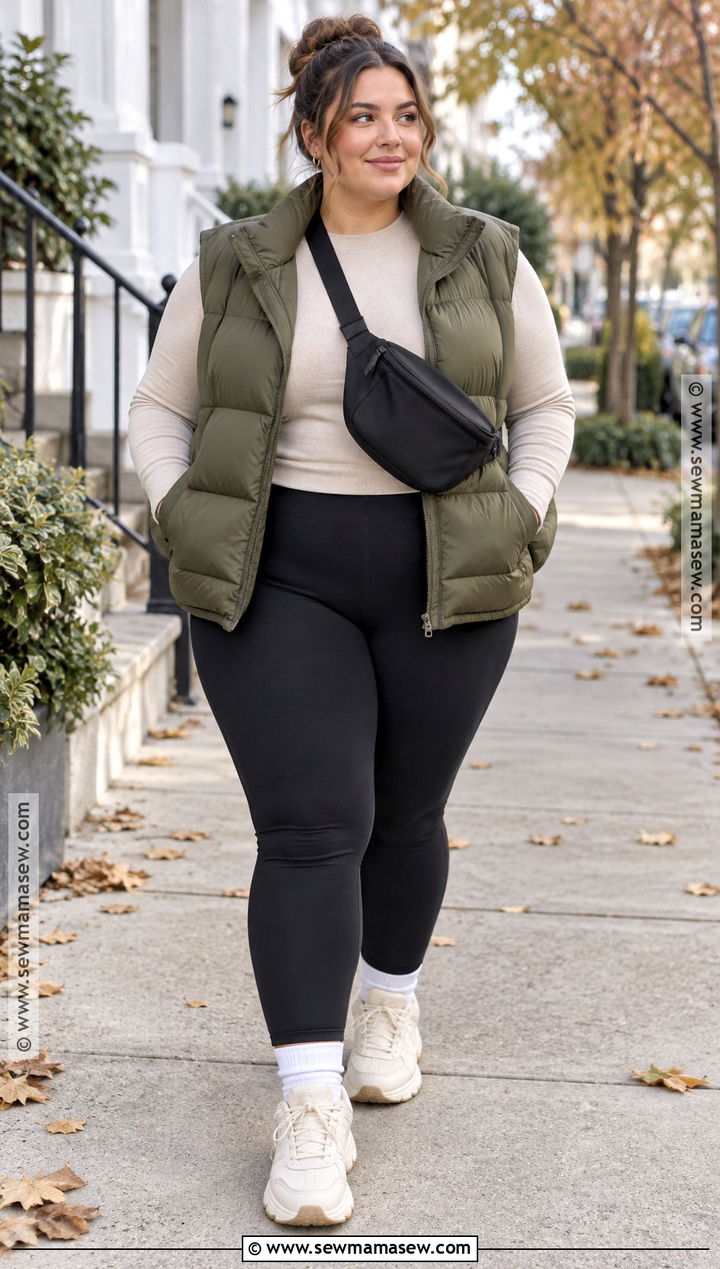 Leggings And Puffer Vest With Sneakers Fall Outfit - 15 leggings and sneakers outfit fall
