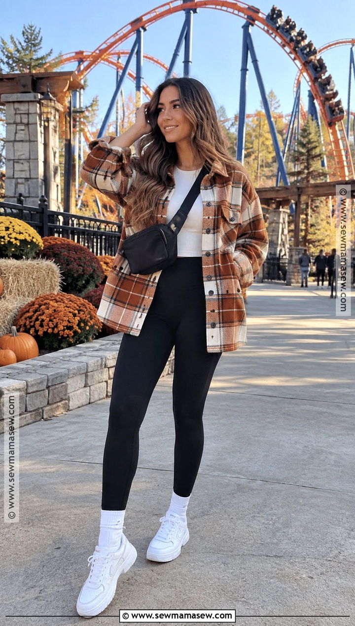 Leggings And Shacket Fall Amusement Park Outfit - 20 fall amusement park outfit ideas