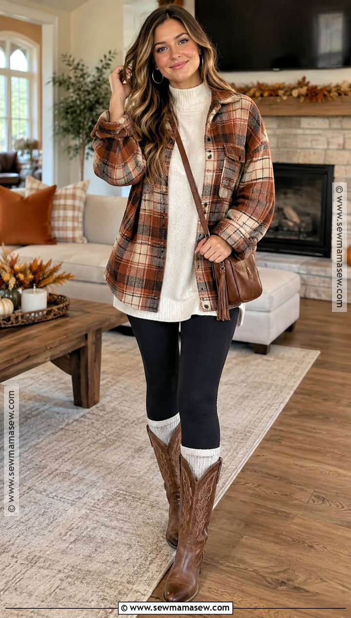 Leggings And Shacket With Cowboy Boots - 20 thanksgiving outfit cowboy boots