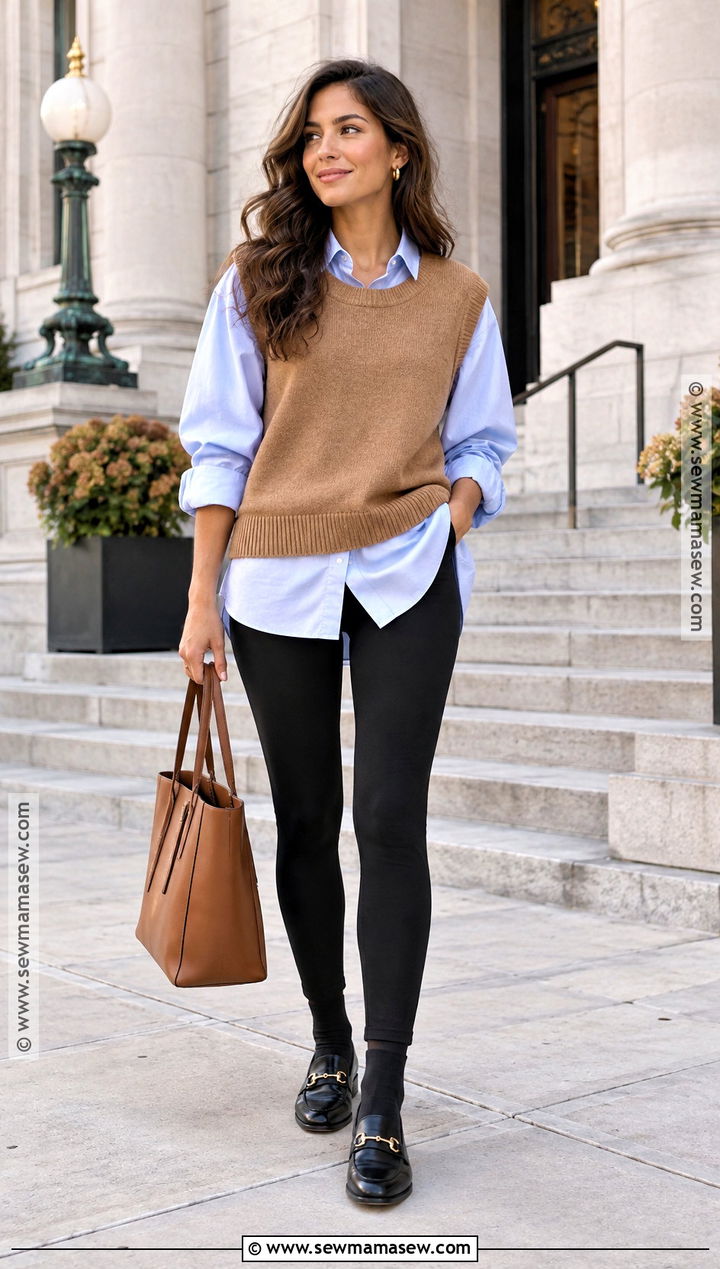 Leggings Outfit With Button Down Shirt And Sweater Vest - 20 leggings outfit autumn