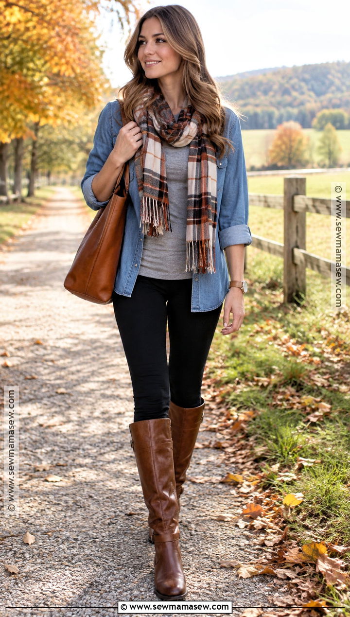 Leggings Outfit With Denim Shirt And Boots - 20 leggings outfit autumn