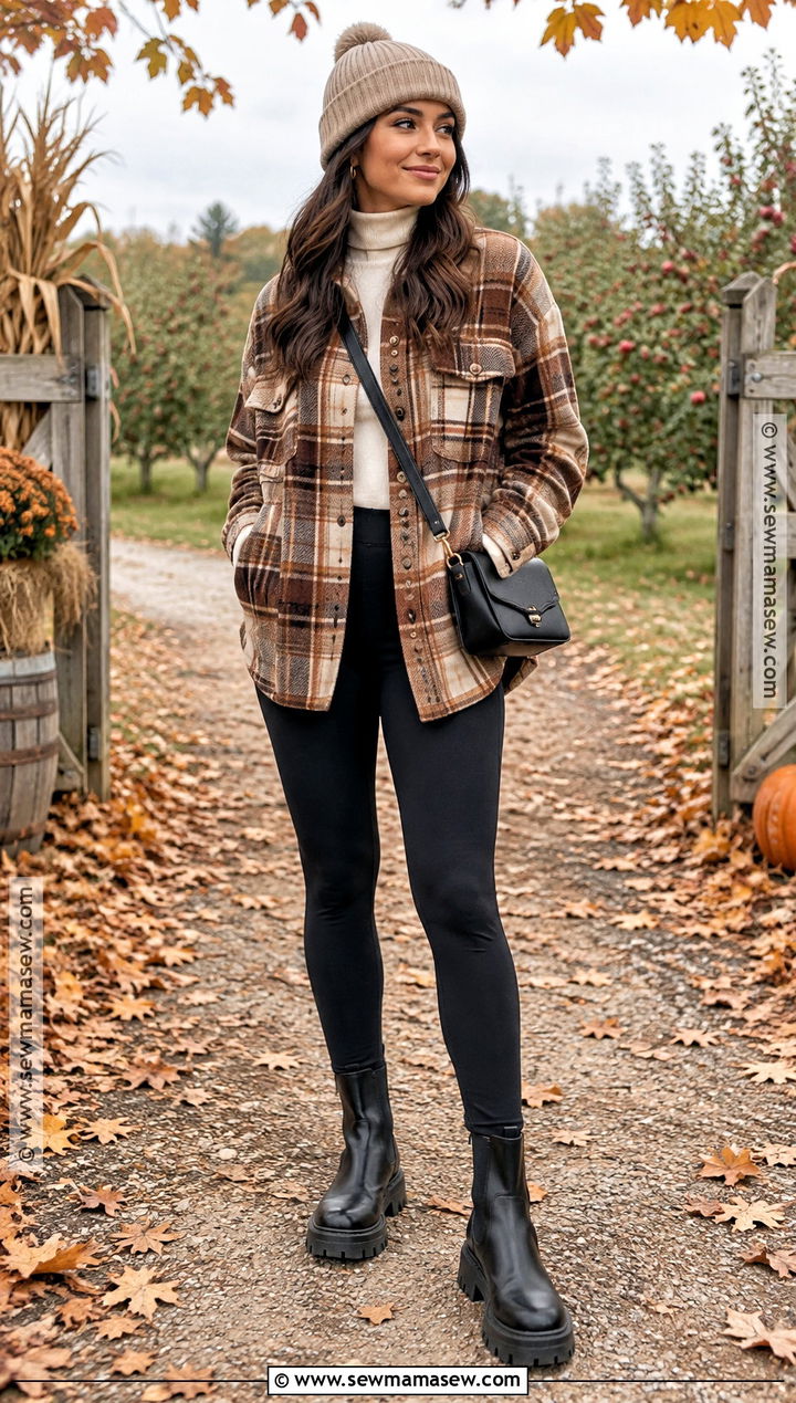 Leggings Outfit With Plaid Shacket - 20 leggings outfit autumn