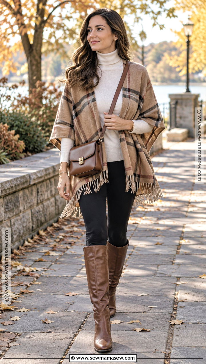 Leggings Outfit With Poncho And Knee High Boots - 20 leggings outfit autumn