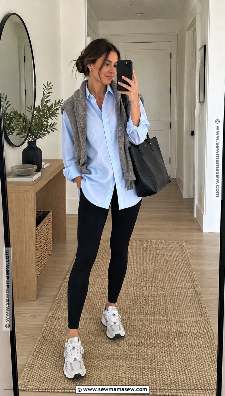 Leggings Oversized Shirt Knit Sweater And Sneakers Outfit - 20 autumn summer outfits