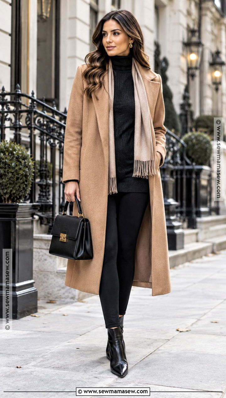 Leggings With Camel Coat And Pointed Ankle Boots - 25 leggings fall outfit