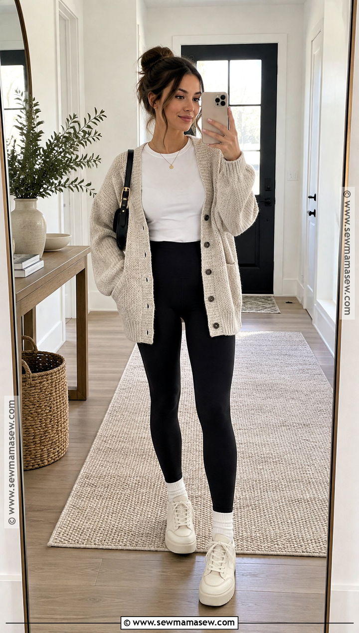 Leggings With Chunky Cardigan And Platform Sneakers - 25 cozy fall outfits with leggings