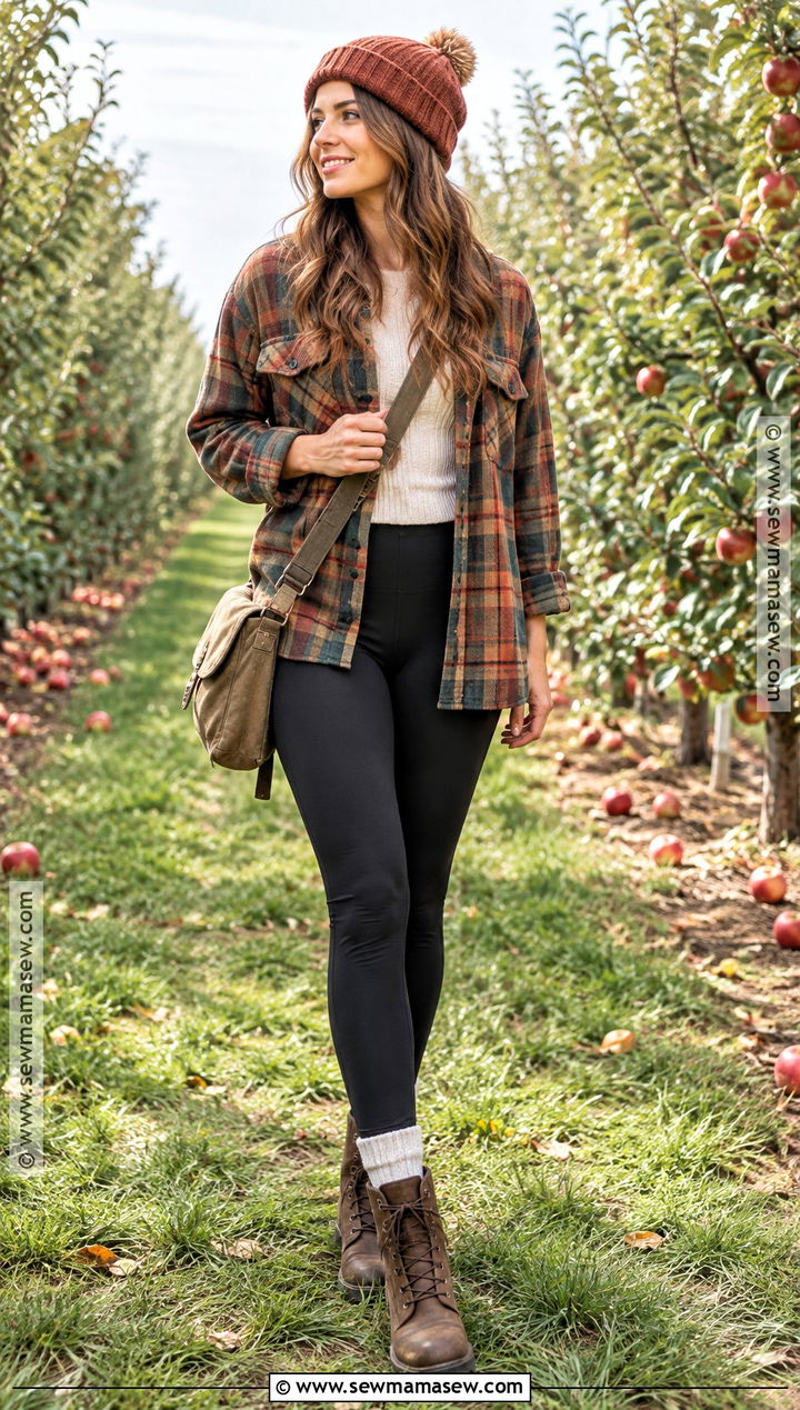 Leggings With Flannel Shirt And Lace Up Boots - 25 cozy fall outfits with leggings