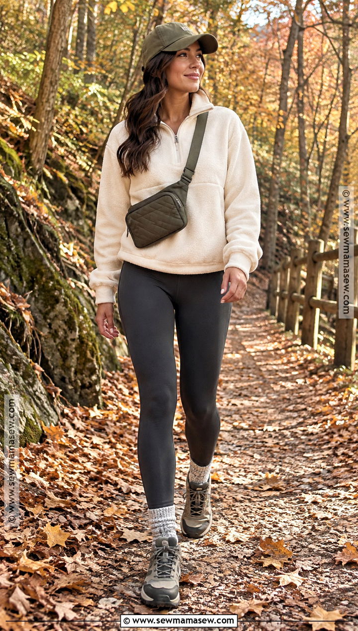 Leggings With Fleece Pullover And Hiking Sneakers - 25 cozy fall outfits with leggings