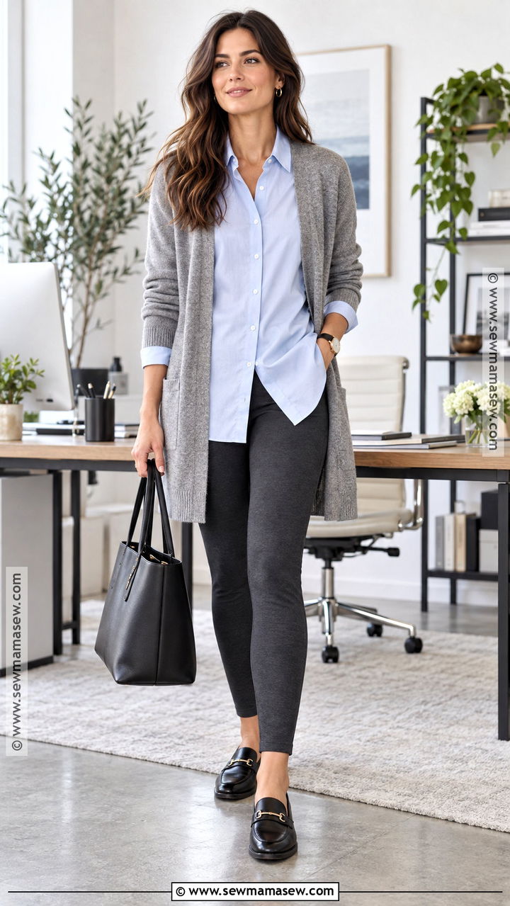 Leggings With Long Cardigan And Button Down Shirt - 20 Leggings Outfit Fall Work