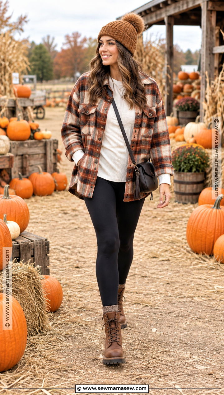 Leggings With Plaid Shacket And Ankle Boots - 20 Pumpkin Patch Outfit Leggings