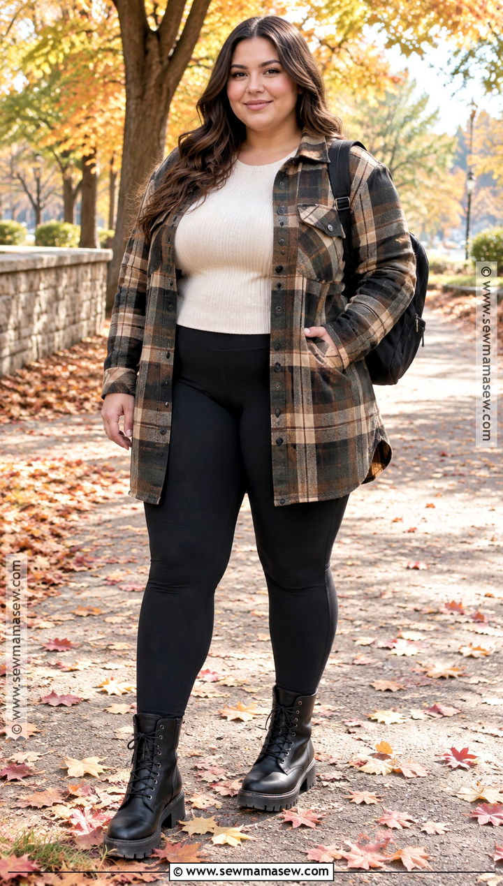 Leggings With Plaid Shacket And Combat Boots - 25 leggings fall outfit