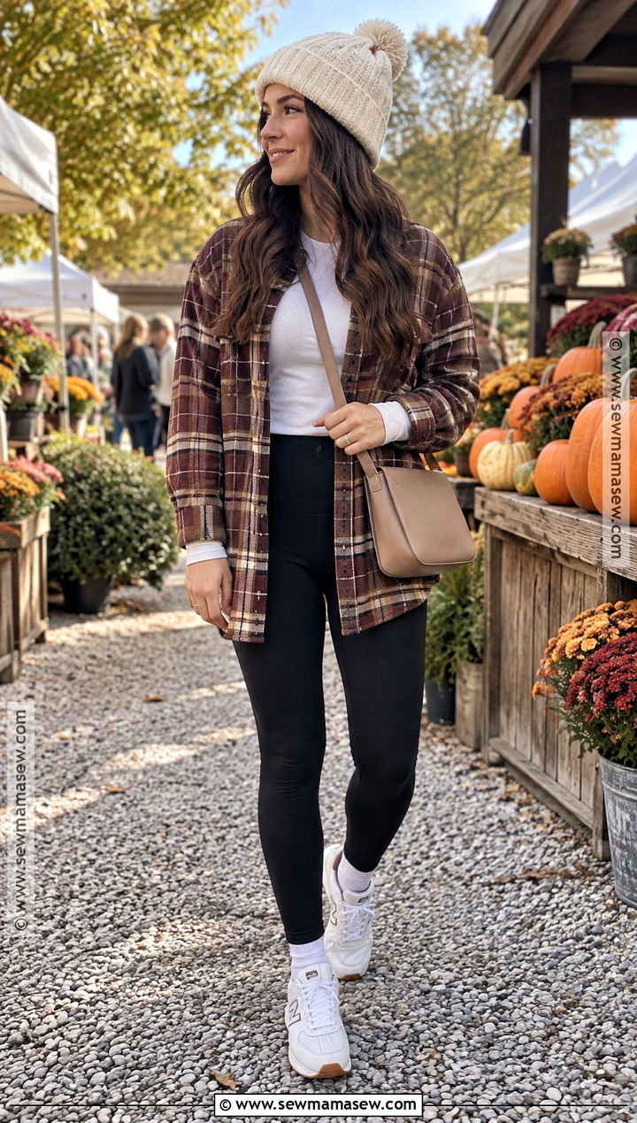 Leggings With Plaid Shacket And Sneakers - 25 leggings outfit fall