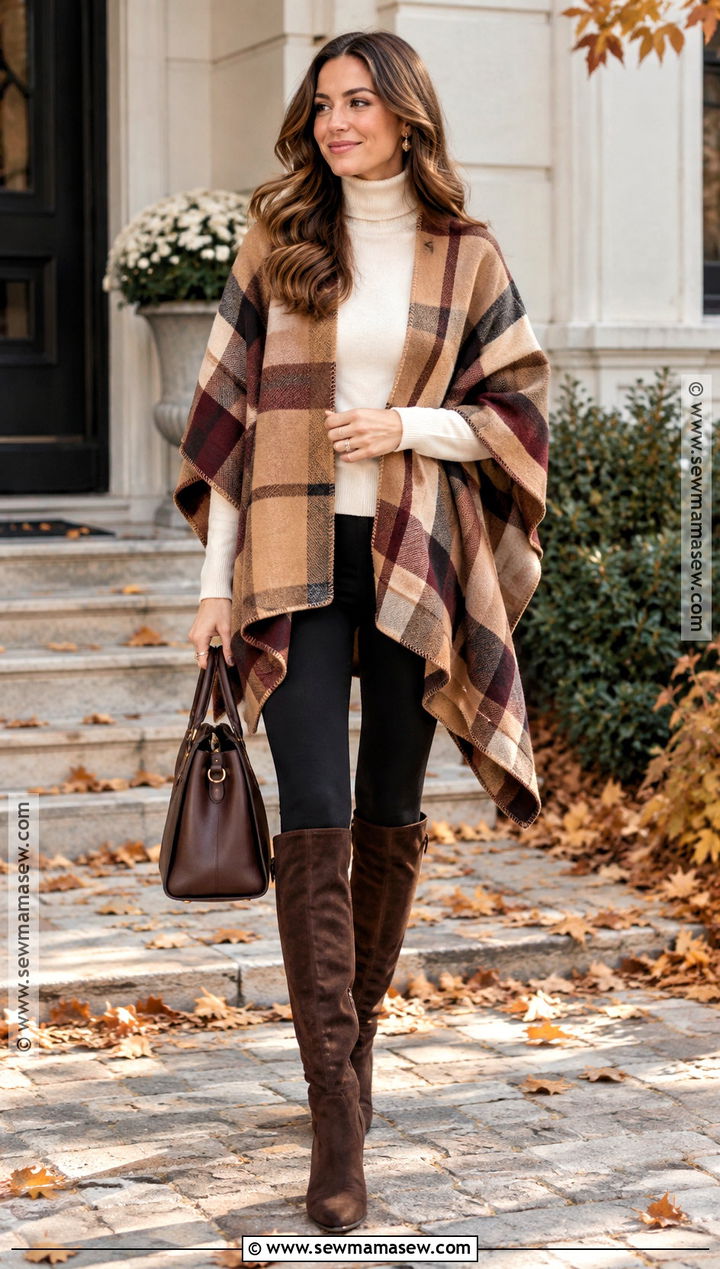 Leggings With Poncho And Knee High Boots - 25 cozy fall outfits with leggings