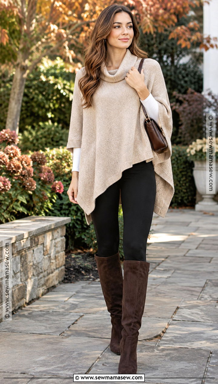 Leggings With Poncho Sweater And Knee High Boots - 25 leggings fall outfit