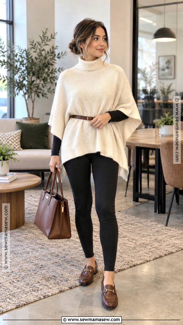 Leggings With Poncho Sweater And Loafers - 20 Leggings Outfit Fall Work