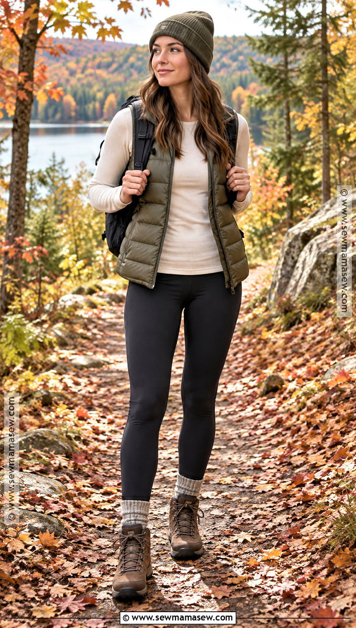 Leggings With Puffer Vest And Hiking Boots - 20 cute legging outfits fall