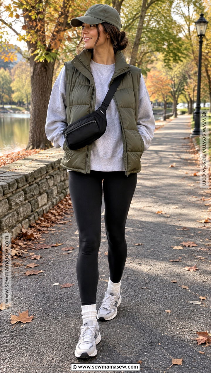 Leggings With Puffer Vest And Sweatshirt - 25 cozy fall outfits with leggings