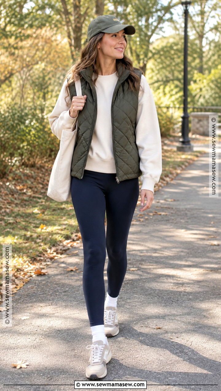 Leggings With Quilted Vest Sweatshirt And Sneakers - 15 Fall 2026 Outfits Leggings