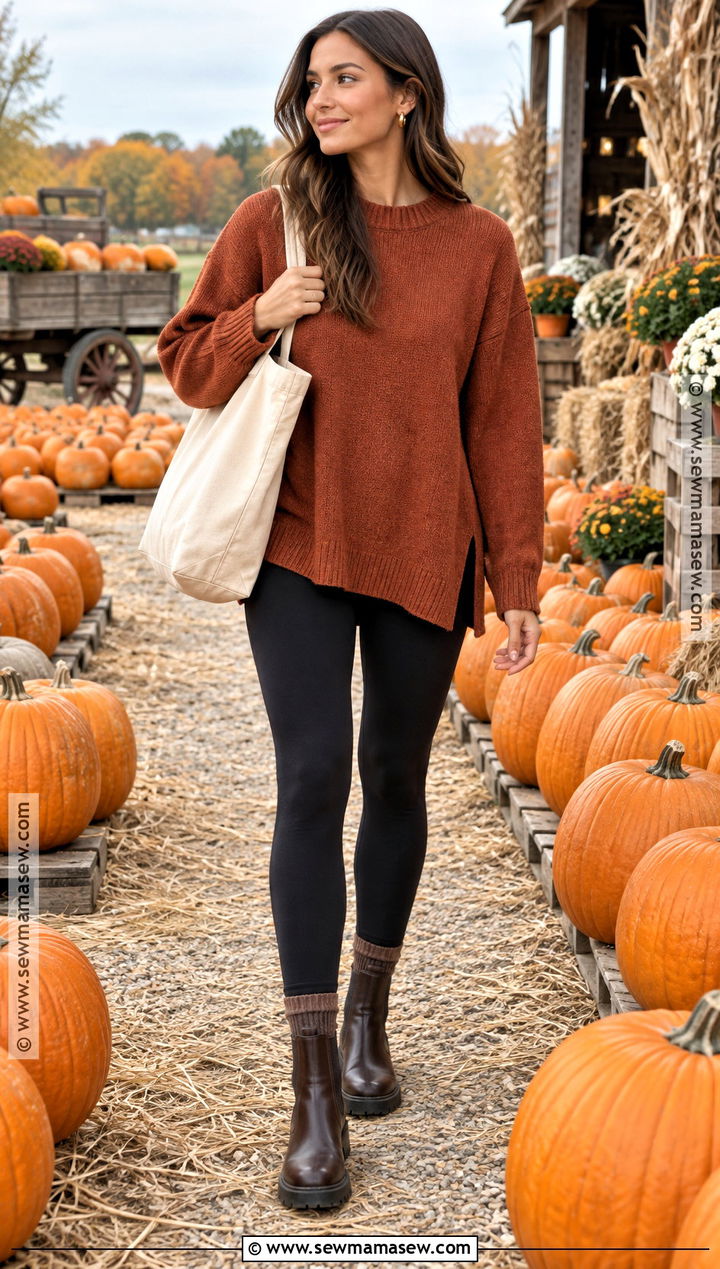 Leggings With Rust Sweater And Chelsea Boots - 20 Pumpkin Patch Outfit Leggings