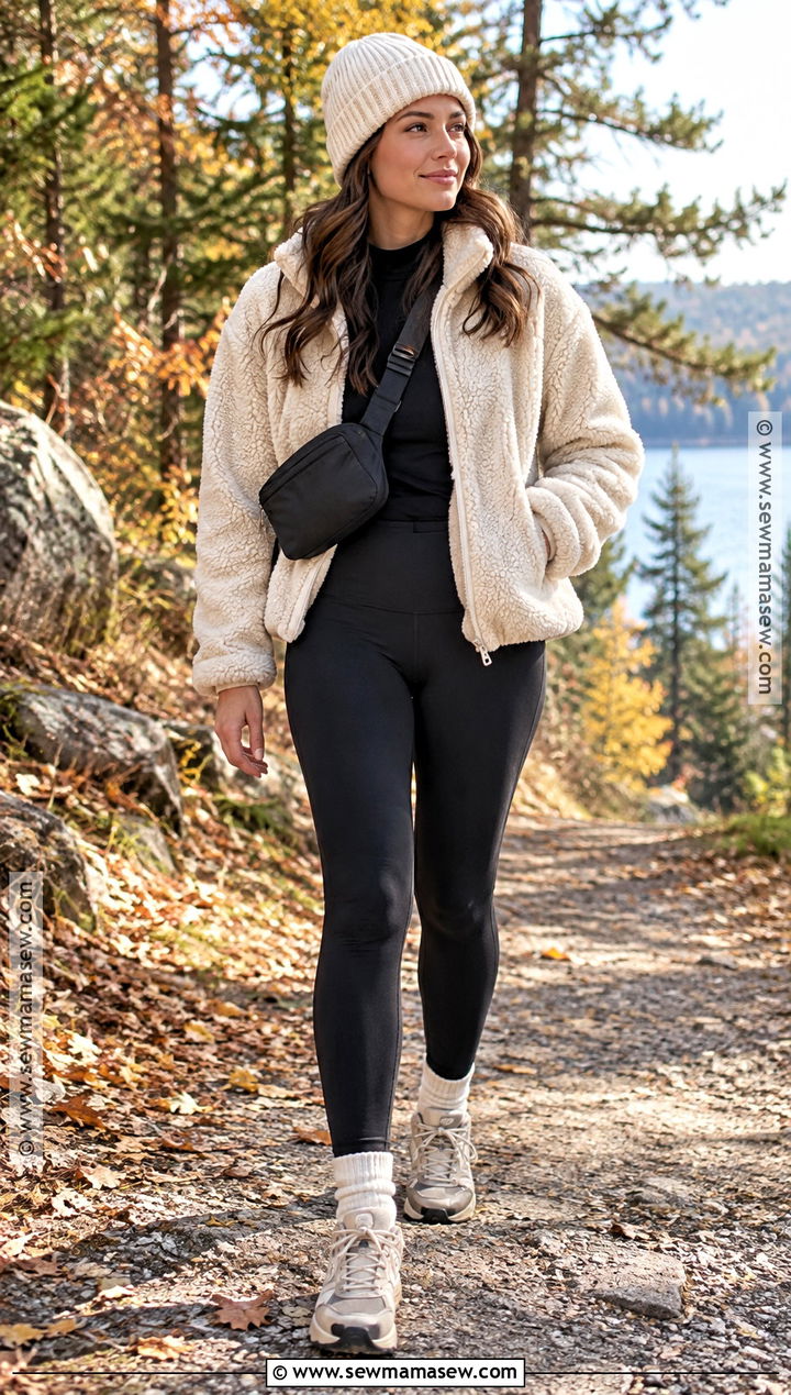 Leggings With Sherpa Jacket And Trail Sneakers - 25 leggings fall outfit