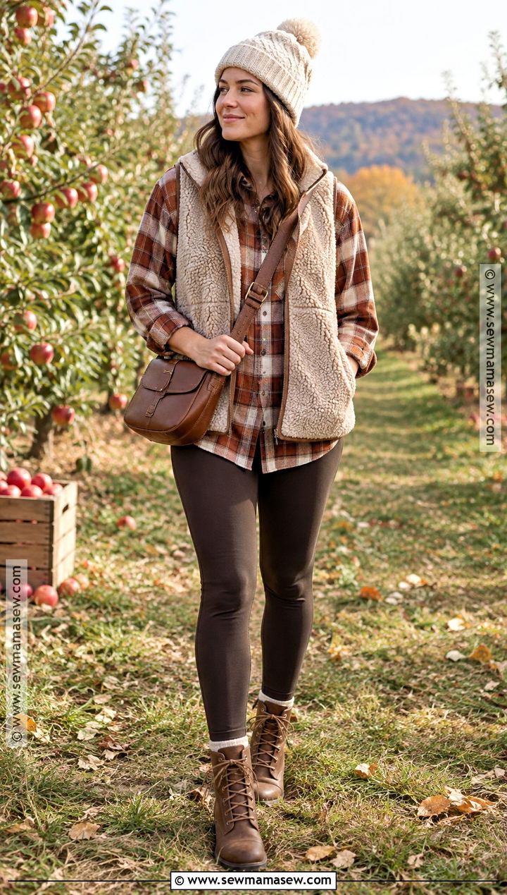 Leggings With Sherpa Vest And Flannel Shirt - 25 leggings outfit fall