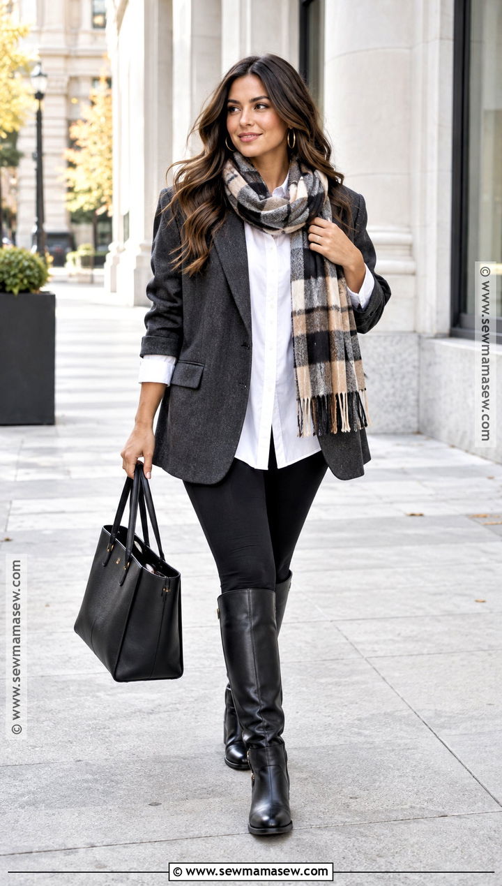 Leggings With Tall Boots And Blazer - 20 Tall Boots Fall Outfits