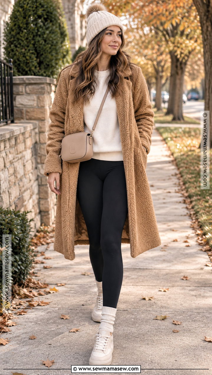 Leggings With Teddy Coat And Sneakers - 25 cozy fall outfits with leggings
